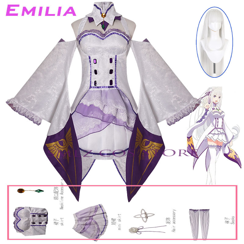Women'S Accessories For Suit - エミリアコスプレアニメ再ゼロカラハジメル異世界生活衣装白制服ドレスウィッグセットハロウィンパーティー衣装女性用