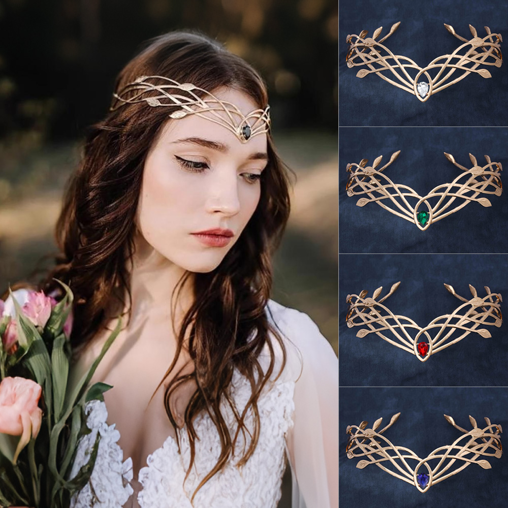 Women'S Accessories List - 高級ティアラヘッドバンド女性のためのリーフクリスタルクラウン女神コスプレ額ラウンドエルフクラウンブライダルヘアアクセサリー