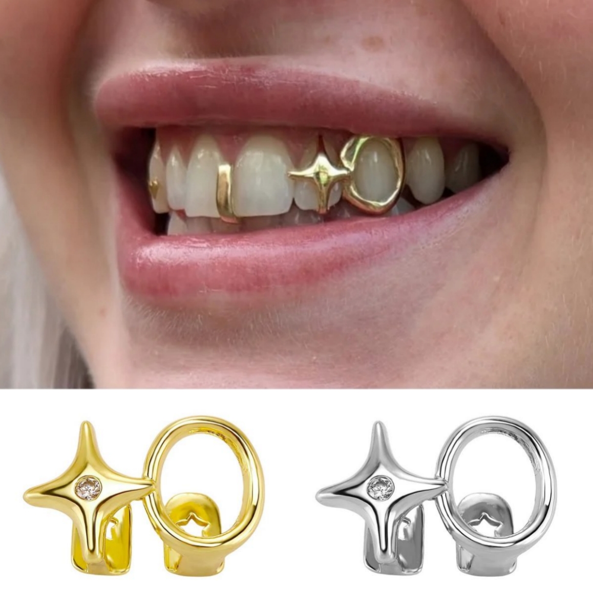 Women'S Y2K Accessories - Y2K光沢のあるダブルホローサークルスタートゥースキャップデンタルグリルズマウスジュエリー男性と女性のための日常着用可能なトレンディアクセサリー